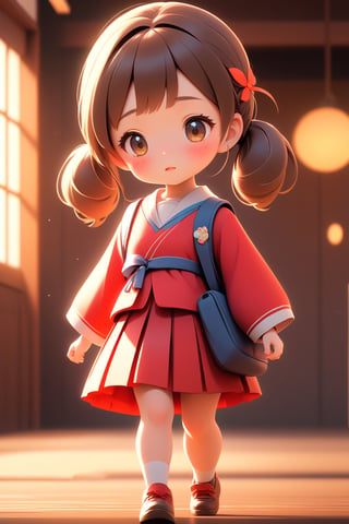 best quality, masterpiece, beautiful and aesthetic, vibrant color, Exquisite details and textures,  Warm tone, ultra realistic illustration,	(cute Japanese girl, 9year old:1.5),	(School theme:1.4), cute eyes, big eyes,	(a surprised look:1.3),	cinematic lighting, ambient lighting, sidelighting, cinematic shot,	siena natural ratio, children's body, anime style, 	head to toe,	dark brown bun hair,	wearing a school_uniform with short_skirt, red skirt,	ultra hd, realistic, vivid colors, highly detailed, UHD drawing, perfect composition, beautiful detailed intricate insanely detailed octane render trending on artstation, 8k artistic photography, photorealistic concept art, soft natural volumetric cinematic perfect light. 