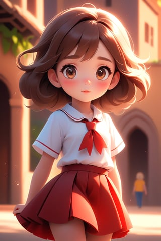 best quality, masterpiece, beautiful and aesthetic, vibrant color, Exquisite details and textures,  Warm tone, ultra realistic illustration,	(cute girl, 9year old:1.5), cute eyes, big eyes,	(a surprised look:1.3),	cinematic lighting, ambient lighting, sidelighting, cinematic shot,	siena natural ratio, children's body, anime style, head to toe,	dark brown bun hair,	school view, wearing a school_uniform with short_skirt, white shirt, red skirt,	ultra hd, realistic, vivid colors, highly detailed, UHD drawing, perfect composition, beautiful detailed intricate insanely detailed octane render trending on artstation, 8k artistic photography, photorealistic concept art, soft natural volumetric cinematic perfect light. 