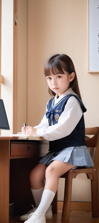 student girl, whole body, head to toe, sitting pose, sitting on surface, sitting at a wooden desk in a bright and cozy bedroom, capturing the studious and determined nature of the girl, in a realistic photographic style, shot with a Canon EOS 5D Mark IV camera, 50mm lens, capturing a depth of field that highlights the girl’s face and books, 7-9 year old, child, Japanese girl, school uniform, short skirt, front view, low angle