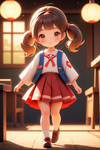 best quality, masterpiece, beautiful and aesthetic, vibrant color, Exquisite details and textures,  Warm tone, ultra realistic illustration,	(cute Japanese girl, 9year old:1.5),	(School theme:1.4), cute eyes, big eyes,	(a surprised look:1.3),	cinematic lighting, ambient lighting, sidelighting, cinematic shot,	siena natural ratio, children's body, anime style, 	head to toe,	dark brown bun hair,	wearing a school_uniform with short_skirt, white shirt, red skirt,	ultra hd, realistic, vivid colors, highly detailed, UHD drawing, perfect composition, beautiful detailed intricate insanely detailed octane render trending on artstation, 8k artistic photography, photorealistic concept art, soft natural volumetric cinematic perfect light. 