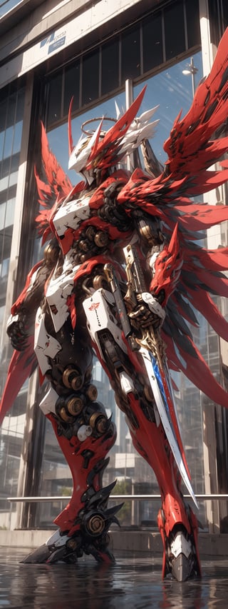 solo, red eyes, holding, weapon, wings, holding weapon, gun, no humans, glowing, halo, robot, building, holding gun, mecha, science fiction, mechanical wings