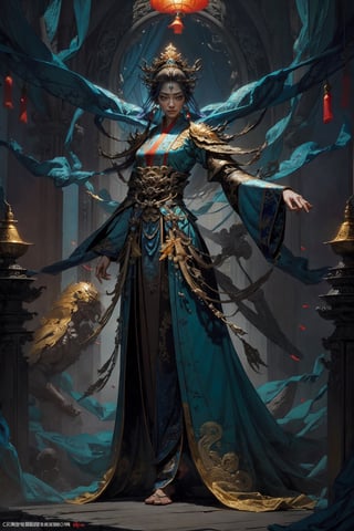 Full body shot of a character standing in majestic pose, realistic representation of a fantasy chinese empress with the most sumptuous wedding hanfu dress made of blue silk and richly embroidered with gold and silver threads, intricately carved golden badges and tassels. Art by Yoshitaka Amano, Huang Guangjian, Zhong Fenghua, stunning interpretive visual, gothic regal, colorful, realistic eyes, dreamy magical atmosphere, (film grain), (warm hue, warm tone), cinematic light, side lightings,zhongfenghua,gu,weapon,Makeup