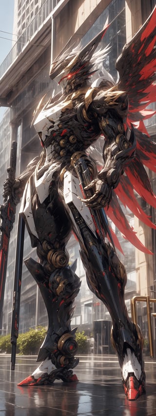 solo, red eyes, holding, weapon, wings, holding weapon, gun, no humans, glowing, halo, robot, building, holding gun, mecha, science fiction, mechanical wings