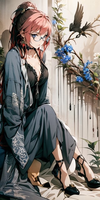 best quality, (masterpiece:1.2), detailed, medieval, fantasy,,1girl, solo, closed mouth, slight smile,short ponytail, long hair, red hair, purple eyes, glasses,collarbone, cleavage, black nightgown, short sleevessitting, on bed, looking at the viewer,indoors, night, forest