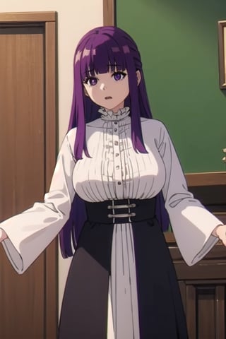 1girl, fern, purple hair, (blunt bangs:1.2), long hair, half body shot,
frilled collar, black robe, white dress, center frills, buttons, wide sleeves, long sleeves,
