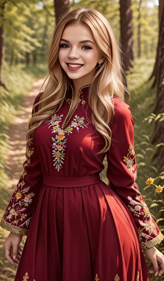 young beautiful Ukrainian woman, blonde, smiling, in ethnic red long dress with embroidered flowers, long voluminous sleeves, folk, Ukrainian traditional costume, trends 2024, sunny day, forest background, high resolution, realistic