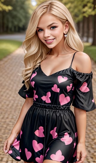 Beautiful young woman, blonde, smiling, (black dress with hearts print), park, realistic