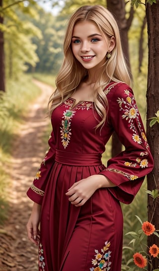 young beautiful Ukrainian woman, blonde, smiling, in ethnic red long dress with embroidered flowers, long voluminous sleeves, folk, Ukrainian traditional costume, trends 2024, sunny day, forest background, high resolution, realistic