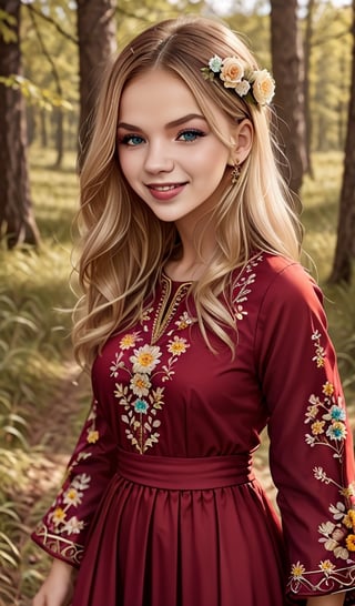 young beautiful Ukrainian woman, blonde, smiling, in ethnic red long dress with embroidered flowers, long voluminous sleeves, folk, Ukrainian traditional costume, trends 2024, sunny day, forest background, high resolution, realistic