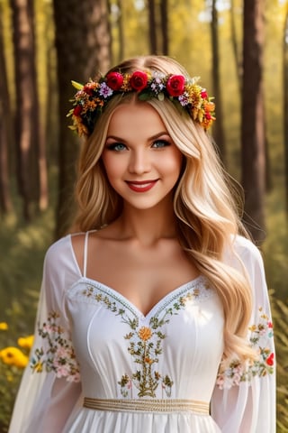 young beautiful Ukrainian woman, blonde, smiling, on her head wreath of flowers, in ethnic white dress with embroidered flowers, long voluminous sleeves, folk, Ukrainian traditional costume, full-length, trends 2024, forest background, high resolution, realistic