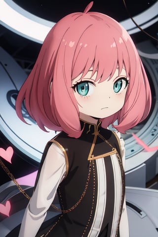 absurdres, highres, beautiful, best quality, anya_forger_spyxfamily, Pink Hair, eyelashes, shiny eyes, upper_body, heart, frilled dress, bright and fine Black-Hole Accretion Disk

