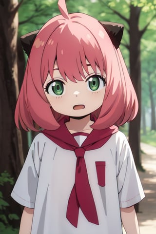 Best Quality, Masterpiece, Hi-Res, Solo, (anya_forger_spyxfamily:1.15), Pink Hair, Green Eyes, Open Mouth, Bangs, 1 Girl, Closed Mouth, Meme, Ahoge, upper_body , medium hair, forest, 16 years old, ^ ^, serafuku
