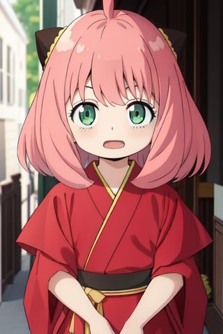 Best Quality, Masterpiece, Hi-Res, Solo, (anya_forger_spyxfamily:1.15), Pink Hair, Green Eyes, Open Mouth, Bangs, 1 Girl, Closed Mouth, Meme, Ahoge, Upper Body , medium hair, 16 years old, xd, kimono, landscapes,