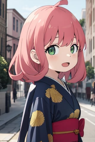 Best Quality, Masterpiece, Hi-Res, Solo, (anya_forger_spyxfamily:1.15), Pink Hair, Green Eyes, Open Mouth, Bangs, 1 Girl, Closed Mouth, Meme, Ahoge, Upper Body , medium hair, 16 years old, xd, kimono, landscapes,