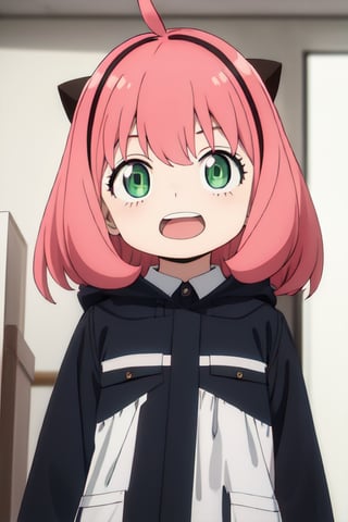 Best Quality, Masterpiece, Hi-Res, Solo, (anya_forger_spyxfamily:1.15), Pink Hair, Female Child, Child, Green Eyes, Open Mouth, Bangs, (1 Girl), Closed Mouth, Meme, Ahoge, Upper Body , medium hair

