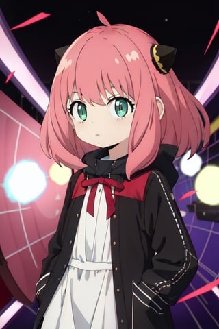 absurdres, highres, beautiful, best quality, anya_forger_spyxfamily, Pink Hair, eyelashes, shiny eyes, upper_body, hands_in_pockets, heart, frilled dress, bright and fine Black-Hole Accretion Disk
