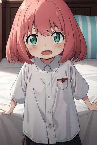 Best Quality, Masterpiece, Hi-Res, Solo, (anya_forger_spyxfamily:1.15), Pink Hair, Female Child, Child, Green Eyes, Open Mouth, Bangs, 1 Girl, Closed Mouth, Meme, Ahoge, upper_body , medium hair, light blush, japanese clothes, on bed,
