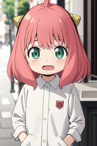 Best Quality, Masterpiece, Hi-Res, Solo, (anya_forger_spyxfamily:1.15), Pink Hair, Female Child, Child, Green Eyes, Open Mouth, Bangs, (1 Girl), Closed Mouth, Meme, Ahoge, Upper Body , medium hair, hands_in_pockets
