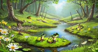 (Best quality)), (photo without people), in the forest, many frogs,, quiet pond, wild flowers by the water, creek, stones, moss,