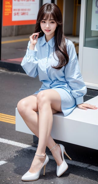 (1 royal sister style korean girl), ((best quality, 8k, masterpiece: 1.3)), perfect body beauty: 1.4, (smile), (street: 1.3), highly detailed face and skin textures, pretty  eyes, double eyelids, skin whitening, real long legs, high heels (air bangs: 1.3), (round face: 1.5), (work clothes: 1.4), full body, full body photo