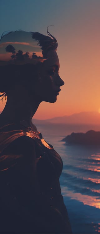 high quality, 8K Ultra HD, double exposure, beautifully designed goddess silhouette and sunset coast, minimalist, crisp lines, awesome full color,Enhanced All