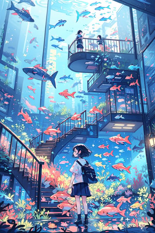 1girl, fish, stairs, scenery, solo, skirt, railing, black hair, standing in a room watching outside is a underworld, like aquarium, school uniform, short hair, underwater, serafuku, wide shot, jellyfish, shoes, pleated skirt, bubble, from behind, coral, facing away, shirt, socks, underworld,watercolor,shaonv,kawaiitech