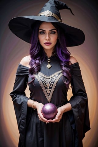 Realistic, 1girl, witch, magical, dark, spell, wizard, dark purple hair, hat, silver accents 