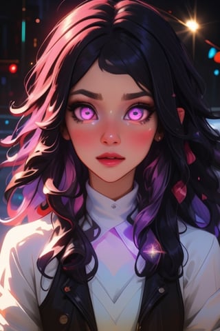 (masterpiece), best quality, expressive eyes, perfect face, glowing eyes, hair ornament, rainbow hair, bangs, Volumetric Lighting, glitter, dress, blush stickers, glitter, High detailed, SAM YANG, long hair