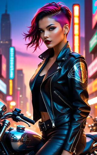 A rebellious brunette woman, oozing confidence and non-conformity with her very short, dark spiked pixie hair style that stands out starkly against her tanned brown skin tone. Her fiery gaze pierces the surreal backdrop of a neon-lit, futuristic cityscape where skyscrapers intertwine with floating motorcycles and holographic billboards, creating an electrifying atmosphere that seems to pulse with the rhythm of her untamed spirit. Clad in form-fitting black leather, she sits astride a powerful, chrome-plated biker, the engine of the motorcycle rumbling with anticipation beneath her. Her arms are adorned with an intricate web of tattoos that tell a silent story of her fearless journey, each line and curve blending seamlessly with the contours of her muscular, yet feminine, arms. A studded leather jacket, open to reveal a tight, crimson corset, emphasizes her sultry allure. The smoky essence of a cigarette in her full, red lips is the only indication of any vulnerability, as the plume of smoke spirals upward, blending with the vibrant hues of the sky. The bike's headlight pierces the night, casting elongated shadows that dance on the gleaming pavement. Her long, slender legs are wrapped in fishnet stockings, leading down to a pair of heavy-duty biker boots that seem to be planted firmly on the ground, yet ready to take off at a moment's notice. In the background, the city's lights reflect off the chrome of the motorcycle, creating a symphony of colors that mirror the vivid streaks in her hair. Her posture is relaxed yet commanding, as if she is the queen of this otherworldly metropolis, ready to conquer the night with the same fierce grace that has led her to become a legend among the urban riders. The scene is a mesmerizing blend of grit and glamour, a testament to the power and freedom she embodies as she rules the streets of this fantastical realm.