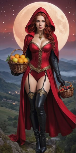 A breathtaking scene of gorgeous and sexy Little Red riding hood, dressed in the most alluring and seductive attire against a surrealistic and detailed backdrop. Against a deep crimson sky, adorned with twinkling stars and a full moon, Little Red can be seen perched atop a large, lush hill, her voluptuous figure accentuated by the flowing wind that gently ruffles her long, fiery red hair. Her lips are painted a deep shade of crimson, matching the color of her dress, which hugs her curves in all the right places, revealing teasing glimpses of her toned stomach and supple thighs. Around her neck, she wears a collar made of intricately carved gold, adorned with precious gemstones that glint and sparkle in the light. Her legs are clad in long, black stockings, and she sports a pair of shiny, black boots that reach up to her knees. In one hand, she holds a large, plump basket, overflowing with fresh fruit and an assortment of other delectable treats, while in the other, she carries a small, ornate dagger, its handle crafted from polished wood and inlaid with gold.