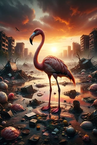 A majestic flamingo, its long legs elegantly extended and its neck gracefully curved, standing in a lake that is alarmingly polluted with various forms of waste. The bird's feet are adorned with rubber boots, hinting at the desperate measures it has taken to protect itself from the toxic sludge beneath. Against this surreal backdrop, the flamingo holds a "Save the Planet" poster in its beak, its bright colors contrasting starkly with the dull, murky water. In the distance, a stunning sunrise illuminates the horizon, casting a warm glow across the scene. The flamingo's expression is one of determination and hope, as if it is sending a powerful message to the world that it is not too late to save our planet from the brink of environmental disaster.