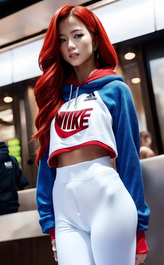 masterpiece , best quuality, 1 girl, delicate, masterpiece, beautiful detailed, long red hair , random colorful, finely detailed, detailed lips, intricate details, shiny skin, big breasts, Korean girl with long red hair and blue eyes Wear a white Adidas cropped long-sleeved hoodie. Red Nike tight pants white nike shoes Standing in a Nike store,Young beauty spirit ,face JeeSoo,wonder beauty 