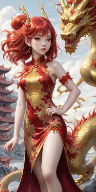 dragonyear, gold dragon-themed, 
Qipao ,1 girl, full body:1.1, (masterful),long red hair, detailed and intricate, , Glass Elements, looking_at_viewer, chinese girls, goth person, sfw, complex background, rock_2_img, bg_imgs, quality 32k,uhd, 