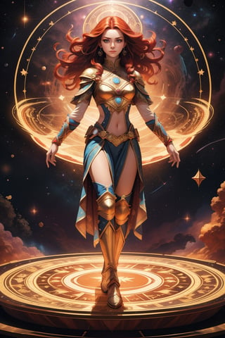 Generate a super exquisite image of a magical female warrior (supermodel). She stands on the magic circle of a six-pointed star, with her hands raised to cast strong magic, long red hair, 
 space background, magic special effects, light particles,Illustration,portrait,Fantasy,DonMM4g1c