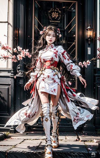 3d decoupage relief, digital painting, a realistic long legs woman with an elegant bun hairstyle wearing a Chinese traditional glossy red-white silk outfit costume with intricate and detailed design flowing to the wind, long very-red hair, in a springtime dancing a sword under cherry blossoms tree, surrounded by blooming floral. A background of a colorful royal palace, dynamic martial arts pose, realistic. Framed with white, pink, yellow, and purple flowers, vivid and vibrant colors with glimmers of gold.

#BingAI