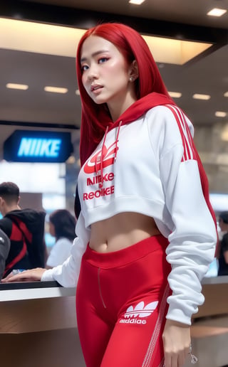 masterpiece , best quuality, 1 girl, delicate, masterpiece, beautiful detailed, long red hair , random colorful, finely detailed, detailed lips, intricate details, shiny skin, big breasts, Korean girl with long red hair and blue eyes Wear a white Adidas cropped long-sleeved hoodie. Red Nike tight pants white nike shoes Standing in a Nike store,Young beauty spirit ,face JeeSoo,wonder beauty 