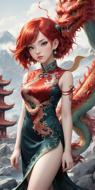 dragonyear, dragon-themed, 
Qipao ,1 girl, full body:1.1, (masterful), red hair, detailed and intricate, , Glass Elements, looking_at_viewer, chinese girls, goth person, sfw, complex background, rock_2_img, bg_imgs, 