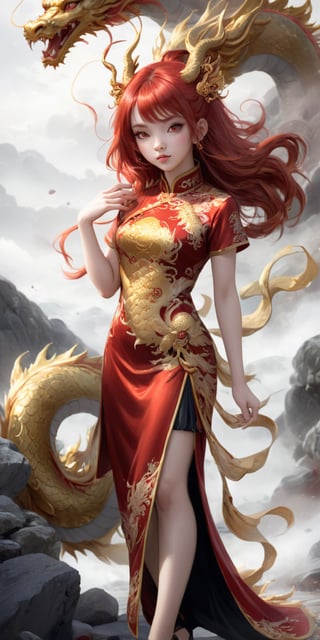 dragonyear, gold dragon-themed, 
Qipao ,1 girl, full body:1.1, (masterful),long red hair, detailed and intricate, , Glass Elements, looking_at_viewer, chinese girls, goth person, sfw, complex background, rock_2_img, bg_imgs, quality 32k,uhd, 