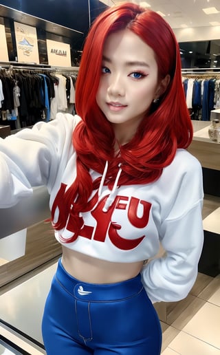 masterpiece , best quuality, 1 girl, delicate, masterpiece, beautiful detailed, long red hair , random colorful, finely detailed, detailed lips, intricate details, shiny skin, big breasts, Korean girl with long red hair and blue eyes Wear a white Adidas cropped long-sleeved hoodie. Red Nike tight pants white nike shoes Standing in a Nike store,Young beauty spirit ,face JeeSoo,wonder beauty 