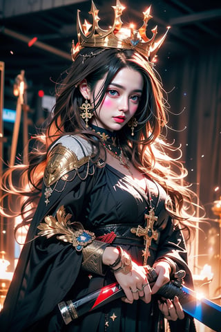 1gril, long red hair, Goddess in golden armor with a cross symbol, holding a long sword in fire, wearing a golden crown, white cloak, sunlight behind heaven, oil painting style, sharp focus, emitting diodes, smoke, artillery , Sparkles, Racks, Perfect Compositions, Beautifully Detailed Complex Octane Renderings Popular on Art Sites, 16K Art Photography, Realistic Concept Art, Soft and Natural Volumetric Cinema Perfect Lighting, Chiaroscuro, Award Winning Photos