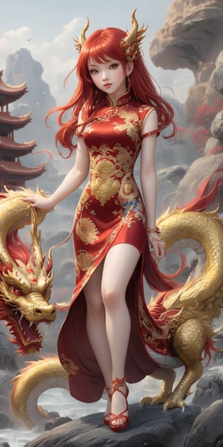 dragonyear, gold dragon-themed, 
Qipao ,1 girl, full body:1.1, (masterful),long red hair, detailed and intricate, , Glass Elements, looking_at_viewer, chinese girls, goth person, sfw, complex background, rock_2_img, bg_imgs, quality 32k,uhd, 