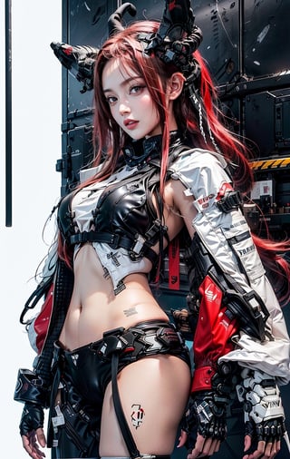 1girl, thai girl, big eyes, ((long red hair)), solo break, ((big natural breasts)), masterpiece, best quality, highres, (multicolored hair:1.1), beautiful face, clas, awesome pose, ((black sexy tech bikini)), SilverWolfV5, urban techwear, ((half body view)),dragon ear