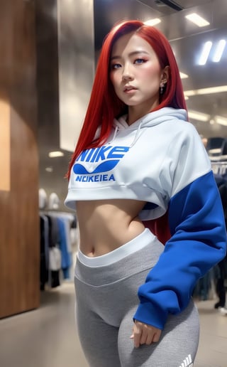 masterpiece , best quuality, 1 girl, delicate, masterpiece, beautiful detailed, long red hair , random colorful, finely detailed, detailed lips, intricate details, shiny skin, big breasts, Korean girl with long red hair and blue eyes Wear a white Adidas cropped long-sleeved hoodie. Red Nike tight pants white nike shoes Standing in a Nike store,Young beauty spirit ,face JeeSoo,wonder beauty 