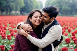 European beautiful girl hugs a man holding roses and tears coming out of her eyes proposing an Indian man.
Emotional Picture 