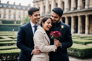 A london beautiful queen hugs a man holding roses and tears coming out of her eyes proposing an Indian man. 