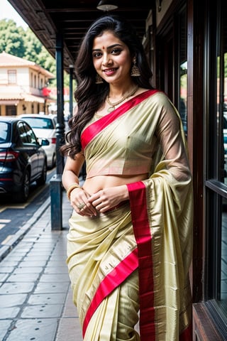 detailed_background , 32k , 8k , masterpiece , high_resolution , beautiful , black_long_hairs ,women wearing indian ornaments, standing near temple
happy laugh must be traditional full saree, the saree should be full of work with bridal designs, full blouse, saree must be like Seethas saree like south Indian wear
saree colour must be yellow.
her belly button shoud be visible