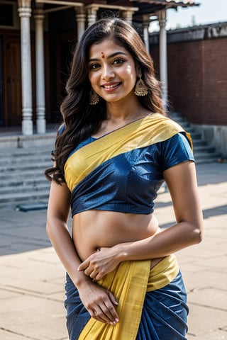 detailed_background , 32k , 8k , masterpiece , high_resolution , beautiful , black_long_hairs ,women wearing indian ornaments, standing near temple
happy laugh must be traditional full saree, the saree should be full of work with bridal designs, full blouse, saree must be like Seethas saree like south Indian wear
saree colour must be yellow.
her belly button shoud be visible