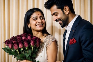 A poland beautiful girl proposing an Indian man who is like victory venkatesh. she is giving red roses to him and crying for his love