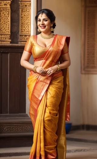  beautiful chubby and curvy, big boobs, big cleavage, detailed_background , 32k , 8k , masterpiece , high_resolution , beautiful , black_long_hairs ,women wearing indian ornaments, standing near temple
happy laugh must be traditional full saree, the saree should be full of work with bridal designs, full blouse, saree must be like Seethas saree like south Indian wear. black round mark on cheek
