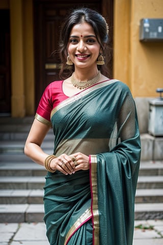 detailed_background , 32k , 8k , masterpiece , high_resolution , beautiful , black_long_hairs ,women wearing indian ornaments, standing near temple
happy laugh must be traditional full saree, the saree should be full of work with bridal designs, full blouse, saree must be like Seethas saree like south Indian wear
saree colour must be green